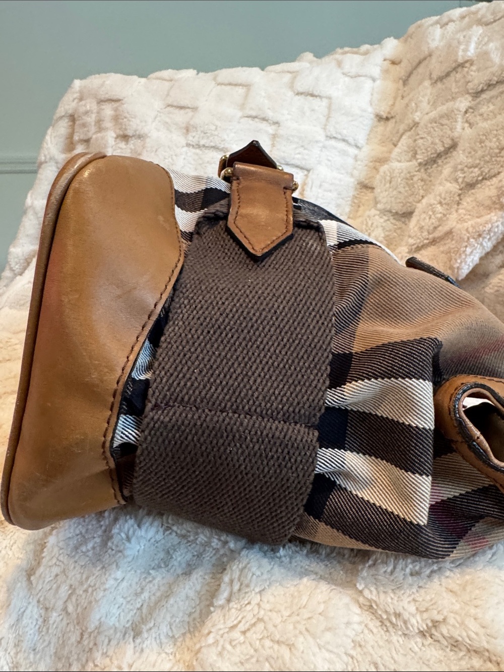 Burberry Beige Plaid and Brown Leather Satchel - Picture 8 of 15
